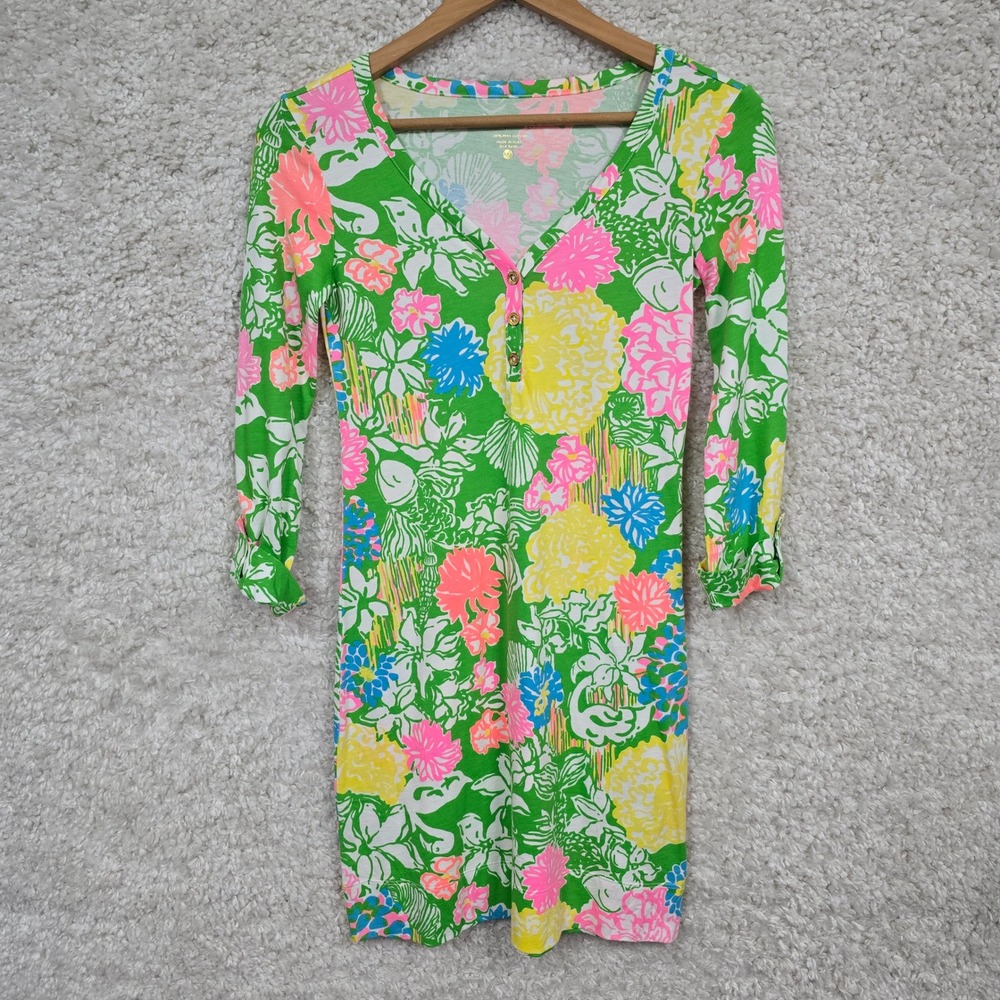 Lilly Pulitzer Palmetto Dress Women XXS Green Pink Hibiscus Stroll Pima Cotton